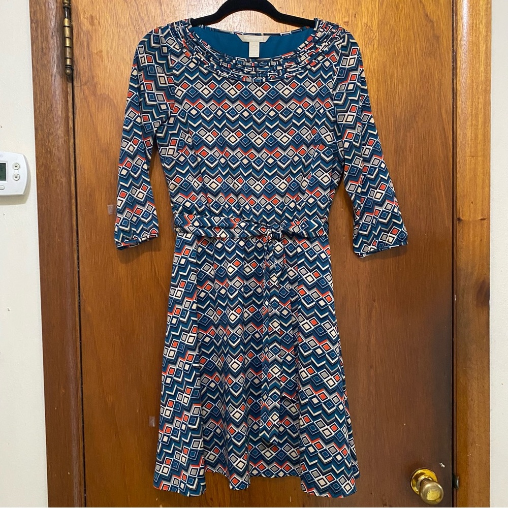 Banana Republic Pleated Neck Geometric Fit & Flare Dress - Petite 4P